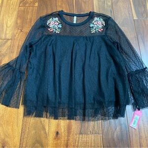 Xhilaration Womens Black Blouse Laced Polka Dot Long Sleeve NWT Size Large